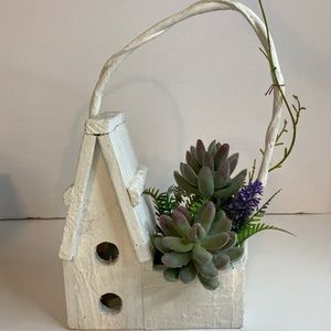 Faux Succulents Set in White Wooden Bird House